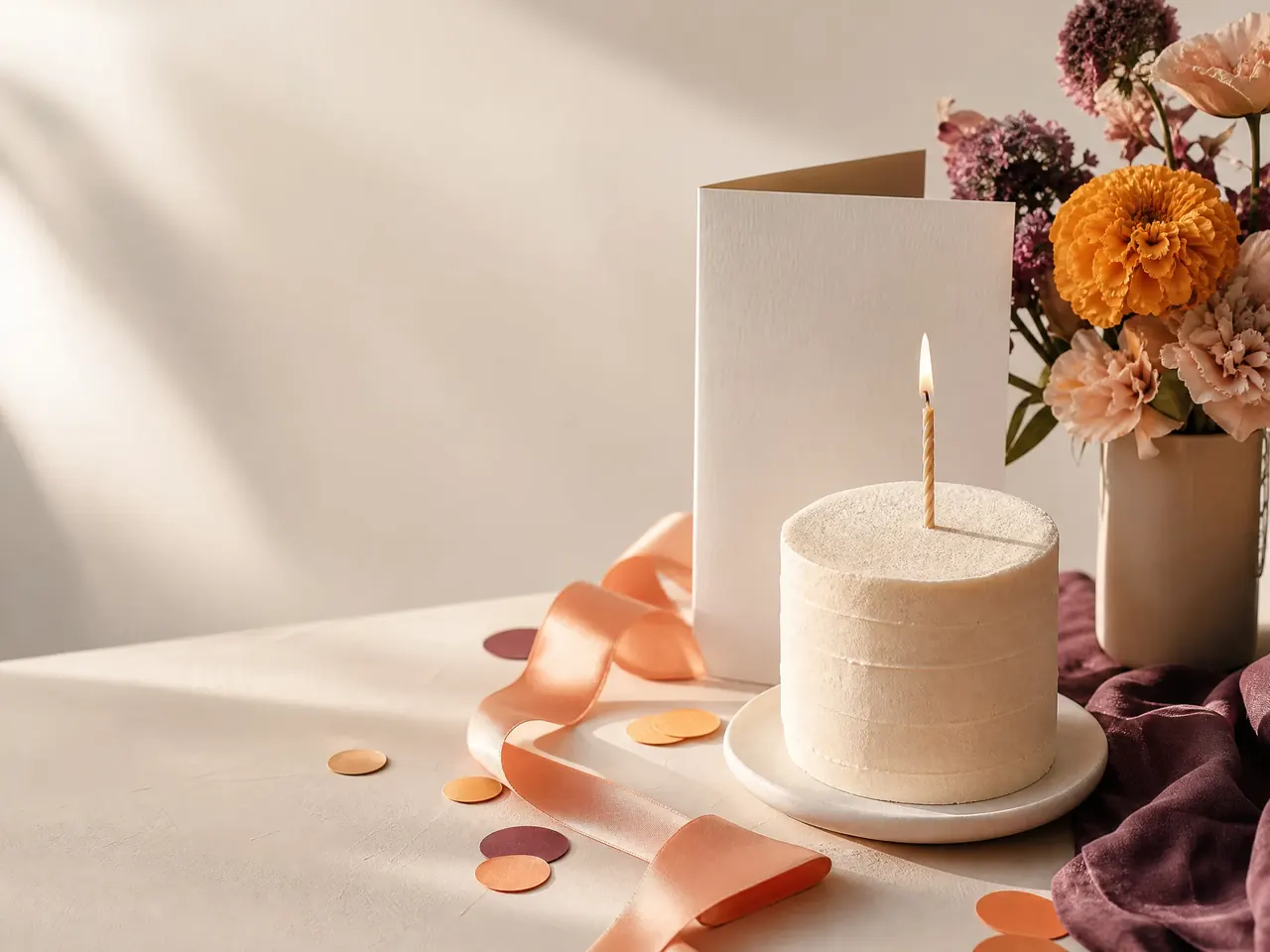 A softly styled birthday cake and card on a warm paper surface